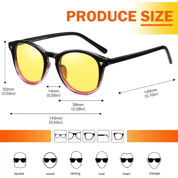 DUCO Round Women Polarized Night Vision Driving Anti Glare Yellow Glasses Polarized Reduce Glare and Enhance Vision 5206Gradient Purple Frame