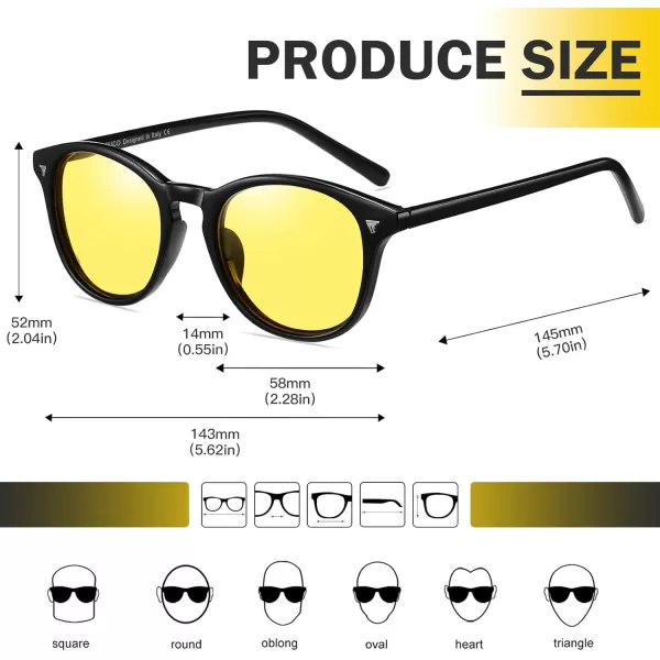 DUCO Round Women Polarized Night Vision Driving Anti Glare Yellow Glasses Polarized Reduce Glare and Enhance Vision 5206Matte Black Frame