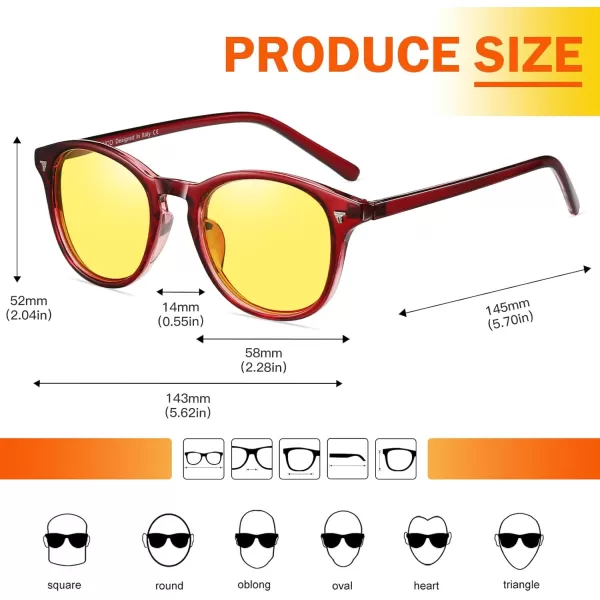 DUCO Round Women Polarized Night Vision Driving Anti Glare Yellow Glasses Polarized Reduce Glare and Enhance Vision 5206Wine Red Frame
