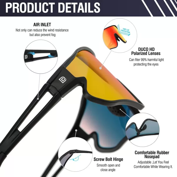 DUCO Sports Polarized Sunglasses for Men Women Running Sunglasses Fishing Cycling Baseball Glasses UV400 Protection DC0023Black Frame Black Temple Revo Orange Lens