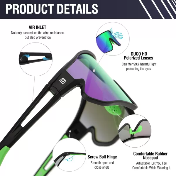DUCO Sports Polarized Sunglasses for Men Women Running Sunglasses Fishing Cycling Baseball Glasses UV400 Protection DC0023Black Frame Green Temple Revo Green Lens