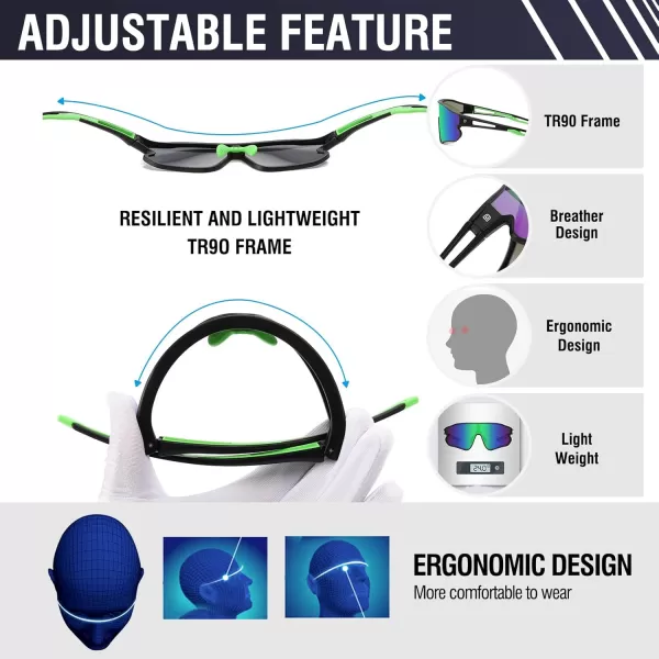 DUCO Sports Polarized Sunglasses for Men Women Running Sunglasses Fishing Cycling Baseball Glasses UV400 Protection DC0023Black Frame Green Temple Revo Green Lens
