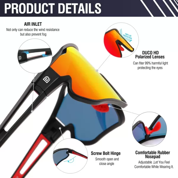 DUCO Sports Polarized Sunglasses for Men Women Running Sunglasses Fishing Cycling Baseball Glasses UV400 Protection DC0023Black Frame Red Temple Revo Red Lens