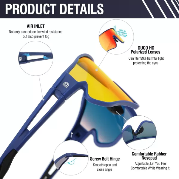 DUCO Sports Polarized Sunglasses for Men Women Running Sunglasses Fishing Cycling Baseball Glasses UV400 Protection DC0023Dark Blue Frame Black Temple Revo Orange Lens