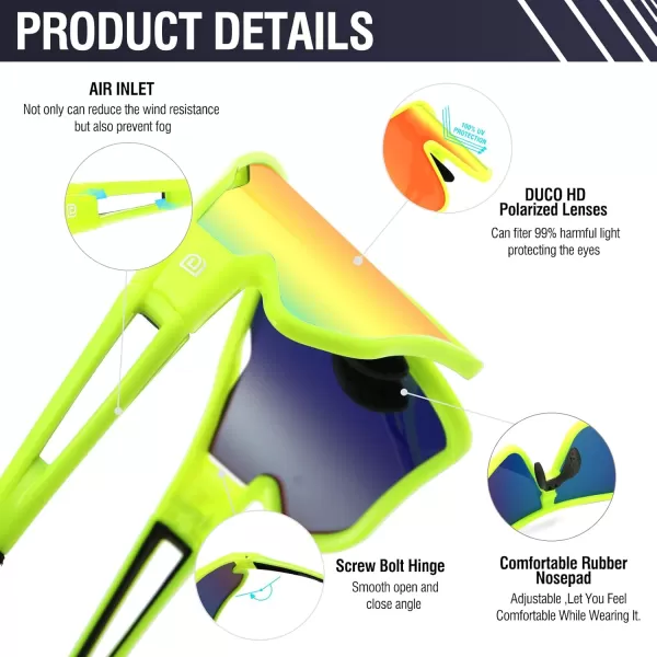 DUCO Sports Polarized Sunglasses for Men Women Running Sunglasses Fishing Cycling Baseball Glasses UV400 Protection DC0023Fluorescent Green Frame Black Temple Revo Orange Lens