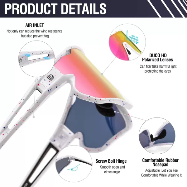 DUCO Sports Polarized Sunglasses for Men Women Running Sunglasses Fishing Cycling Baseball Glasses UV400 Protection DC0023White Blue Pink Frame Black Temple Revo Colorful Lens