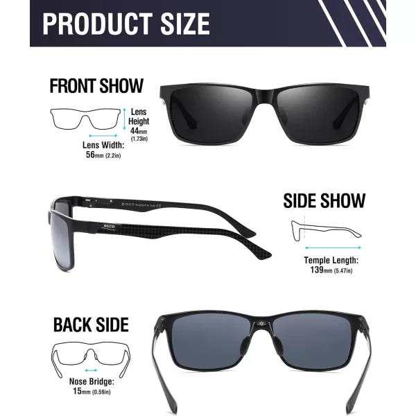 DUCO Square Polarized Sunglasses for Men LightWeight Carbon Fiber UV400 Protection Sun Glasses 8206A Black Frame Black Temple Grey Lens