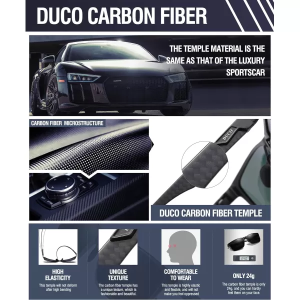 DUCO Square Polarized Sunglasses for Men LightWeight Carbon Fiber UV400 Protection Sun Glasses 8206A Black Frame Black Temple Grey Lens
