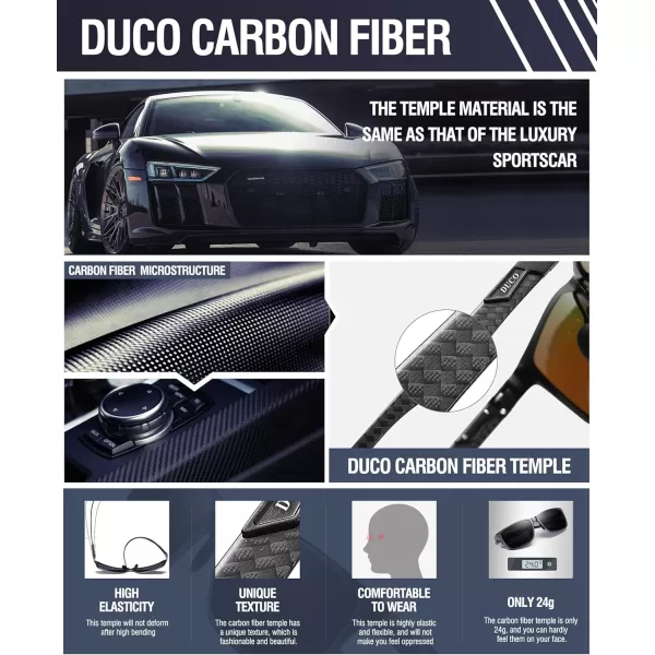 DUCO Square Polarized Sunglasses for Men LightWeight Carbon Fiber UV400 Protection Sun Glasses 8206B Gunmetal Frame Black Temple Grey Lens