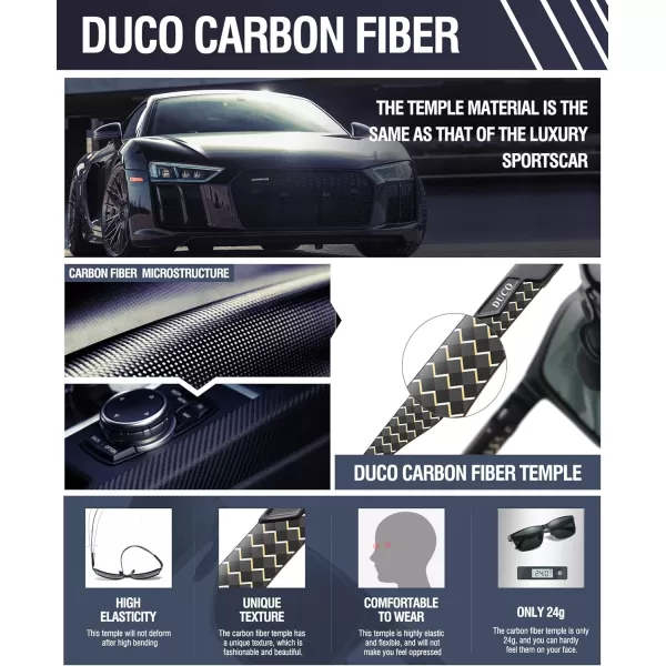 DUCO Square Polarized Sunglasses for Men LightWeight Carbon Fiber UV400 Protection Sun Glasses 8206Black Frame Black Gold Temple Dark Green Lens