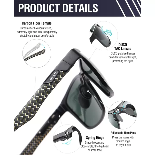 DUCO Square Polarized Sunglasses for Men LightWeight Carbon Fiber UV400 Protection Sun Glasses 8206Black Frame Black Gold Temple Dark Green Lens