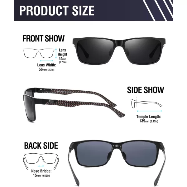 DUCO Square Polarized Sunglasses for Men LightWeight Carbon Fiber UV400 Protection Sun Glasses 8206Black Frame Black Red Temple Grey Lens