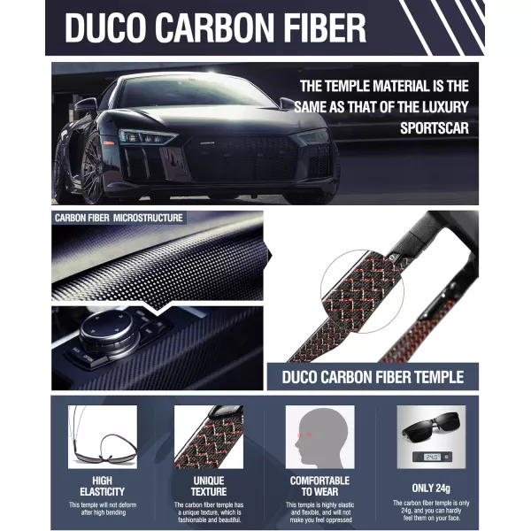 DUCO Square Polarized Sunglasses for Men LightWeight Carbon Fiber UV400 Protection Sun Glasses 8206Black Frame Black Red Temple Grey Lens