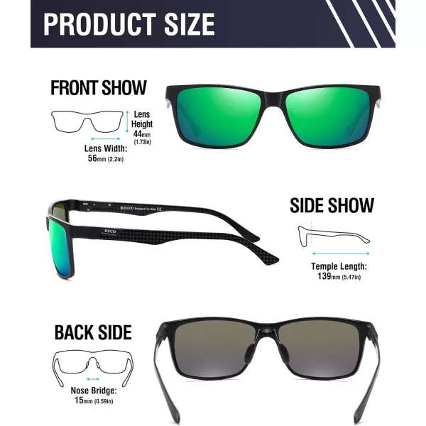 DUCO Square Polarized Sunglasses for Men LightWeight Carbon Fiber UV400 Protection Sun Glasses 8206Black Frame Black Temple Revo Green Lens