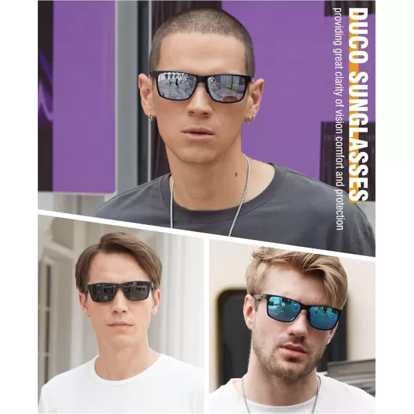 DUCO Square Polarized Sunglasses for Men LightWeight Carbon Fiber UV400 Protection Sun Glasses 8206Black Frame Black Temple Revo Silver Lens