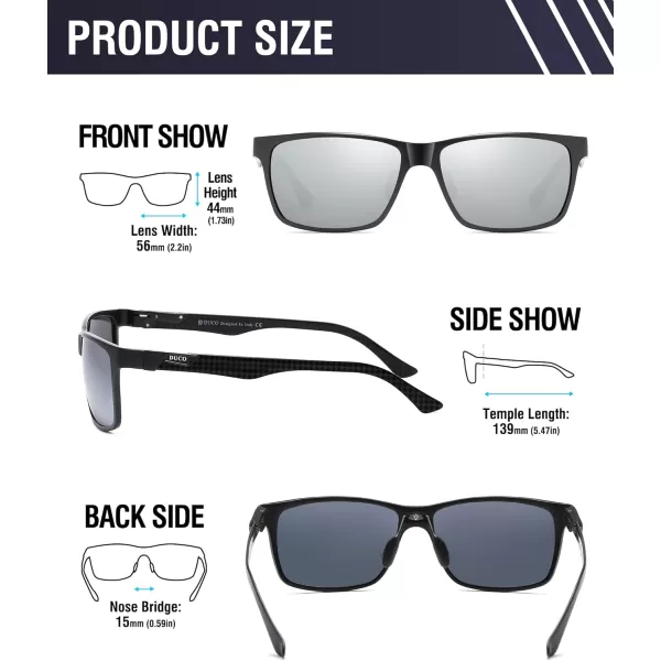 DUCO Square Polarized Sunglasses for Men LightWeight Carbon Fiber UV400 Protection Sun Glasses 8206Black Frame Black Temple Revo Silver Lens