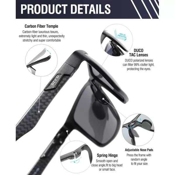 DUCO Square Polarized Sunglasses for Men LightWeight Carbon Fiber UV400 Protection Sun Glasses 8206Black Frame Black Temple Revo Silver Lens