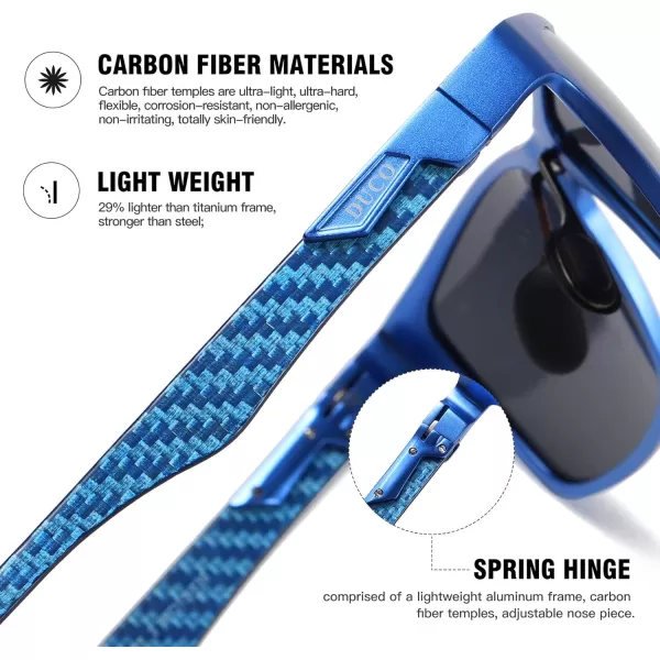 DUCO Square Polarized Sunglasses for Men LightWeight Carbon Fiber UV400 Protection Sun Glasses 8206Blue Frame Blue Temple Grey Lens