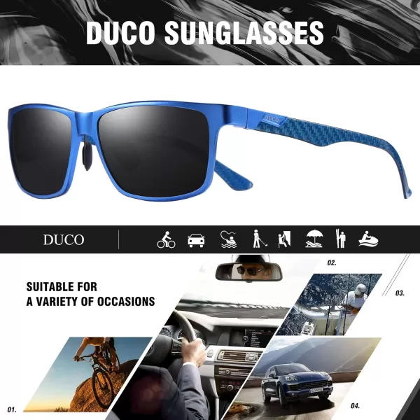 DUCO Square Polarized Sunglasses for Men LightWeight Carbon Fiber UV400 Protection Sun Glasses 8206Blue Frame Blue Temple Grey Lens