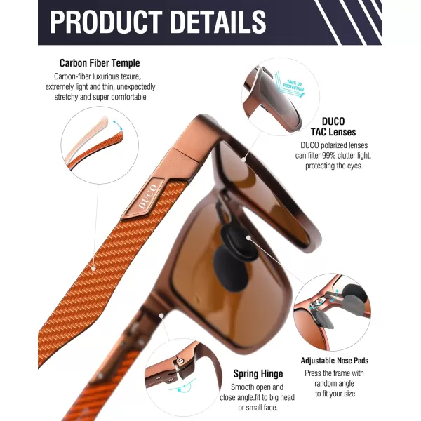 DUCO Square Polarized Sunglasses for Men LightWeight Carbon Fiber UV400 Protection Sun Glasses 8206Brown Frame Brown Lens
