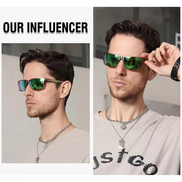 DUCO Square Polarized Sunglasses for Men LightWeight Carbon Fiber UV400 Protection Sun Glasses 8206Gold Frame Gold Temple Revo Green Lens