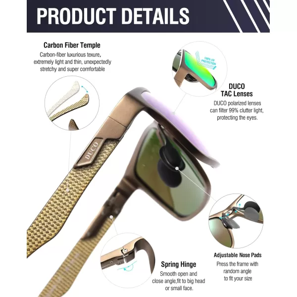DUCO Square Polarized Sunglasses for Men LightWeight Carbon Fiber UV400 Protection Sun Glasses 8206Gold Frame Gold Temple Revo Green Lens
