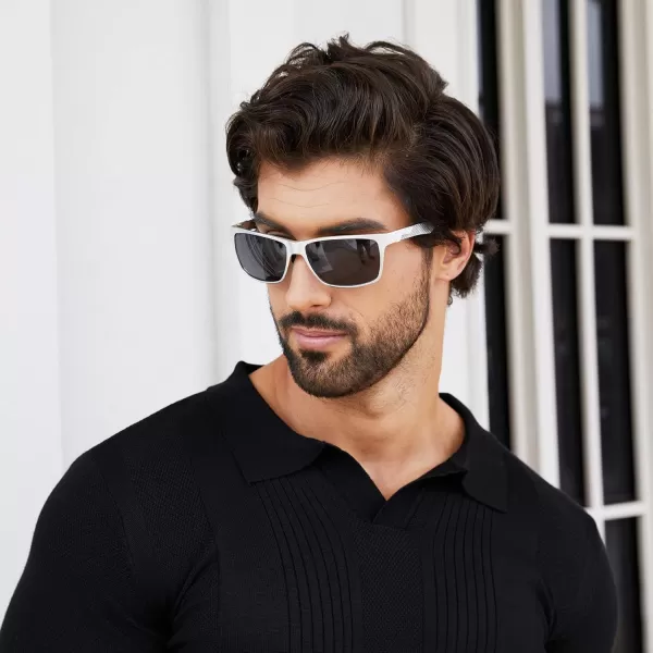 DUCO Square Polarized Sunglasses for Men LightWeight Carbon Fiber UV400 Protection Sun Glasses 8206Silver Frame Silver Temple Grey Lens