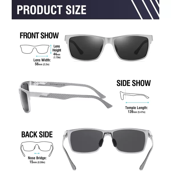 DUCO Square Polarized Sunglasses for Men LightWeight Carbon Fiber UV400 Protection Sun Glasses 8206Silver Frame Silver Temple Grey Lens