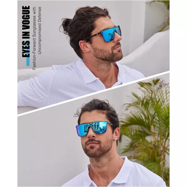 DUCO Trendy Square Sunglasses for Men Women Flat Top Shield Shades Oversized Carbon Fiber Polarized Sun Glasses DC8209Black Frame Revo Blue Lens