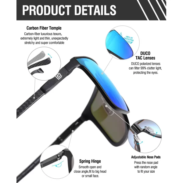 DUCO Trendy Square Sunglasses for Men Women Flat Top Shield Shades Oversized Carbon Fiber Polarized Sun Glasses DC8209Black Frame Revo Blue Lens