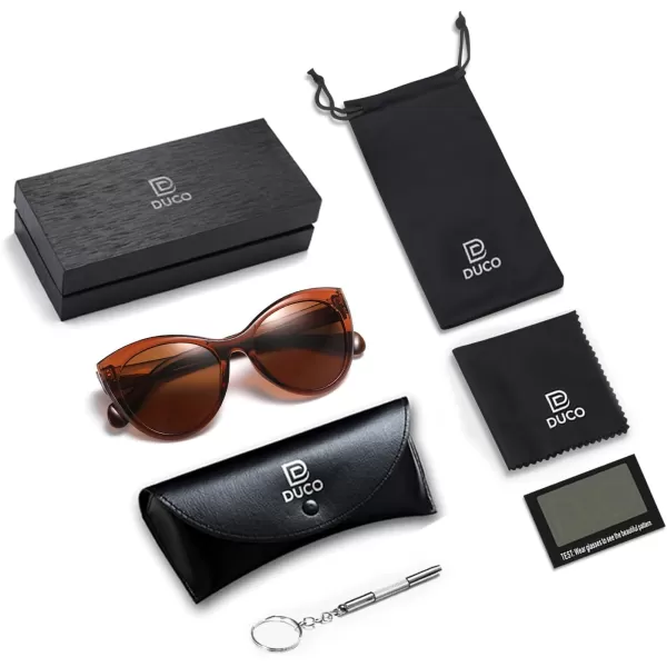 DUCO Vintage Cat Eye Sunglasses for Women Trendy Polarized Sun Glasses Oversized Designer Shades 2350Transparent Brown Frame Brown Lens