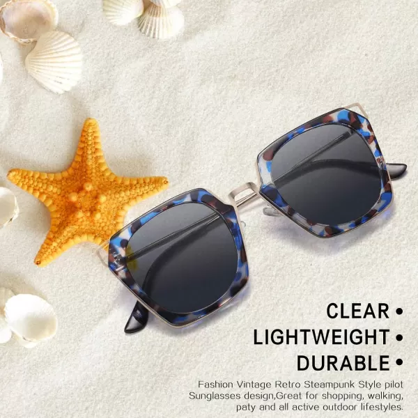 DUCO Vintage Square Cat Eye Sunglasses for Women Meatl Frame Polarized Sun Glasses UV Protection W001Ablue Tortoise Frame Grey Lens