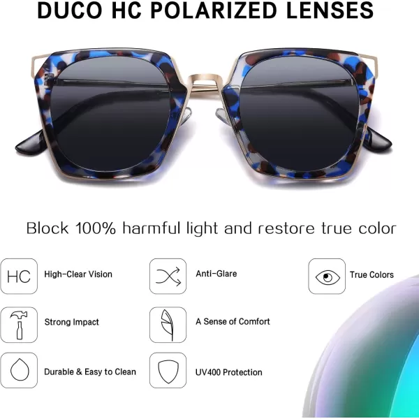 DUCO Vintage Square Cat Eye Sunglasses for Women Meatl Frame Polarized Sun Glasses UV Protection W001Ablue Tortoise Frame Grey Lens