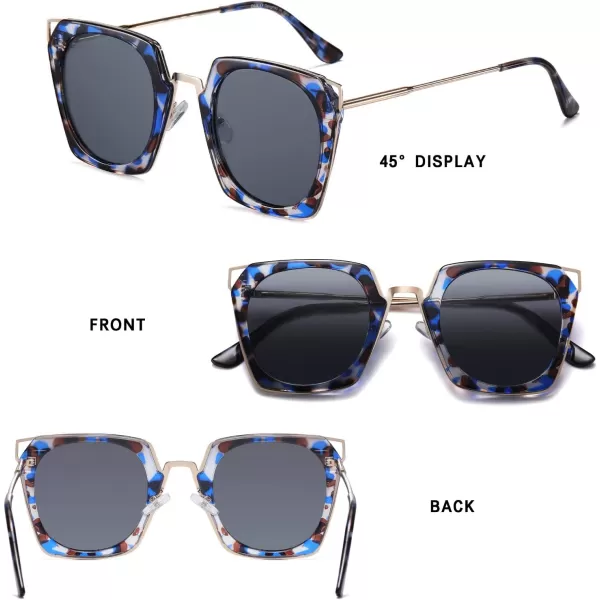 DUCO Vintage Square Cat Eye Sunglasses for Women Meatl Frame Polarized Sun Glasses UV Protection W001Ablue Tortoise Frame Grey Lens