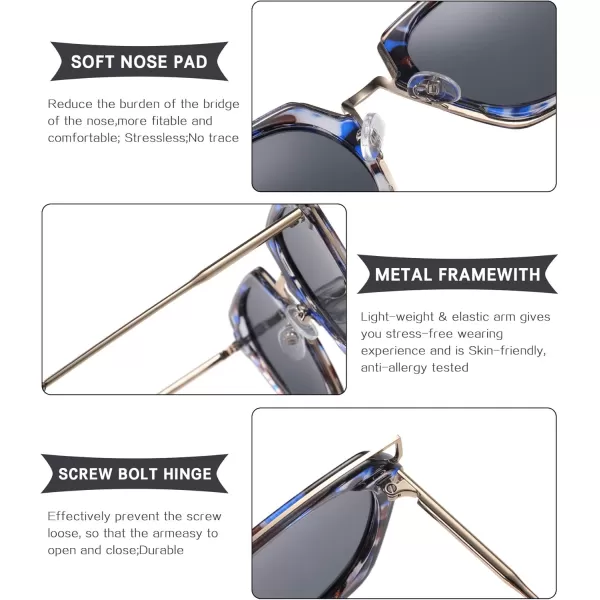 DUCO Vintage Square Cat Eye Sunglasses for Women Meatl Frame Polarized Sun Glasses UV Protection W001Ablue Tortoise Frame Grey Lens