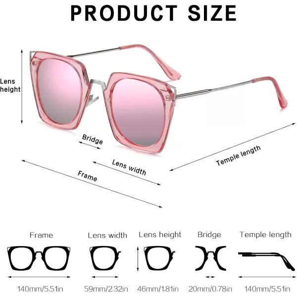 DUCO Vintage Square Cat Eye Sunglasses for Women Meatl Frame Polarized Sun Glasses UV Protection W001Apink Frame Pink Lens