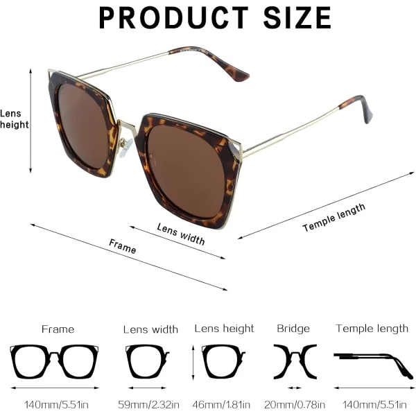 DUCO Vintage Square Cat Eye Sunglasses for Women Meatl Frame Polarized Sun Glasses UV Protection W001Atortoise Frame Brown Lens
