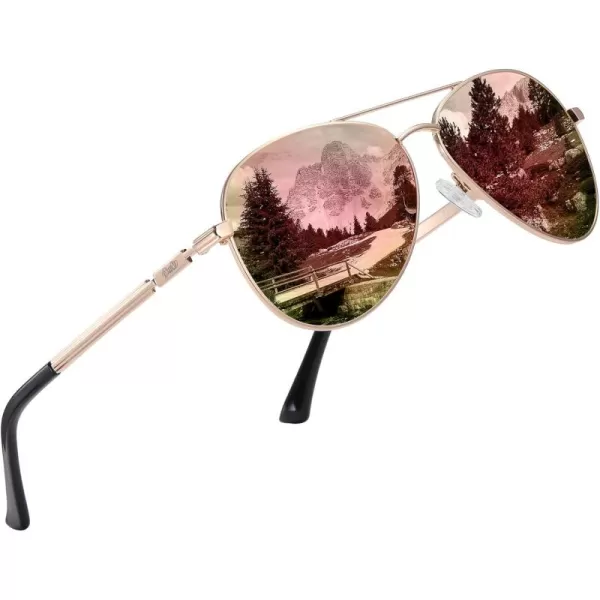DUCO Aviator Sunglasses for Men Women Vintage Polarized Sun Glasses Mirrored Lens Metal Frame Designer Shades 3025KGold Frame Revo Pink Lens
