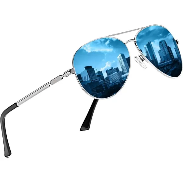 DUCO Aviator Sunglasses for Men Women Vintage Polarized Sun Glasses Mirrored Lens Metal Frame Designer Shades 3025KSilver Frame Revo Blue Lens