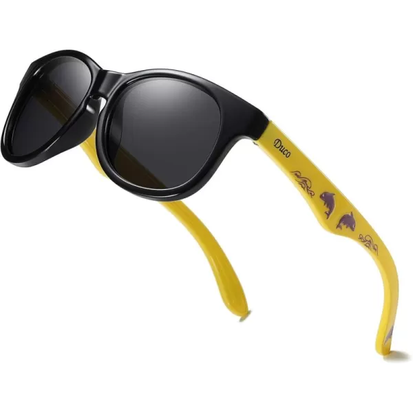 DUCO Cute Polarized Kids Sunglasses for Girls Boys Flexible Children Shades UV Protection Age 610 K018Black Frame Yellow Temple