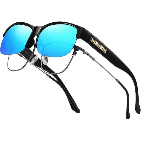 DUCO Fit Over Glasses Unisex Wraparound Glasses Fashion Rimless Wear Over Glasses Polarized Sunglasses for Men and Women 8960Black Frame Revo Blue Lens