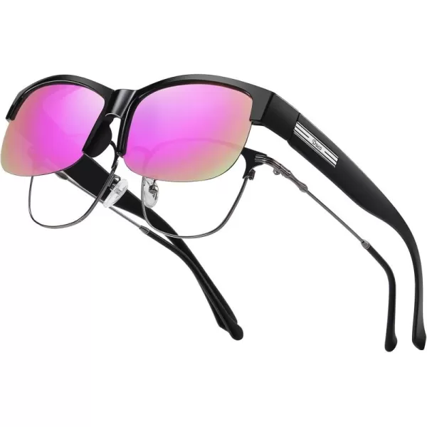 DUCO Fit Over Glasses Unisex Wraparound Glasses Fashion Rimless Wear Over Glasses Polarized Sunglasses for Men and Women 8960Black Frame Revo Purple Lens