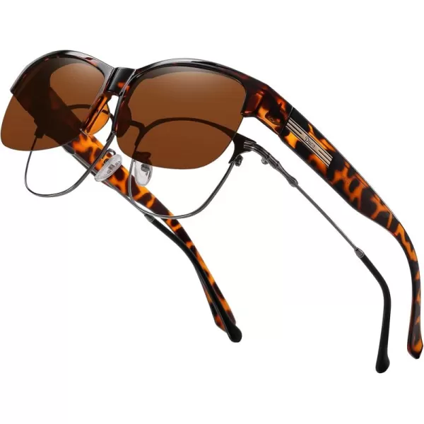 DUCO Fit Over Glasses Unisex Wraparound Glasses Fashion Rimless Wear Over Glasses Polarized Sunglasses for Men and Women 8960Tortoise Frame Brown Lens