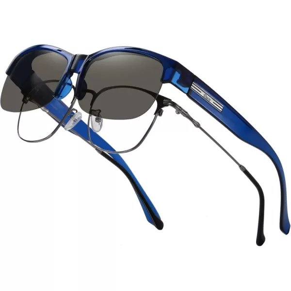 DUCO Fit Over Glasses Unisex Wraparound Glasses Fashion Rimless Wear Over Glasses Polarized Sunglasses for Men and Women 8960Transparent Blue Frame Grey Lens