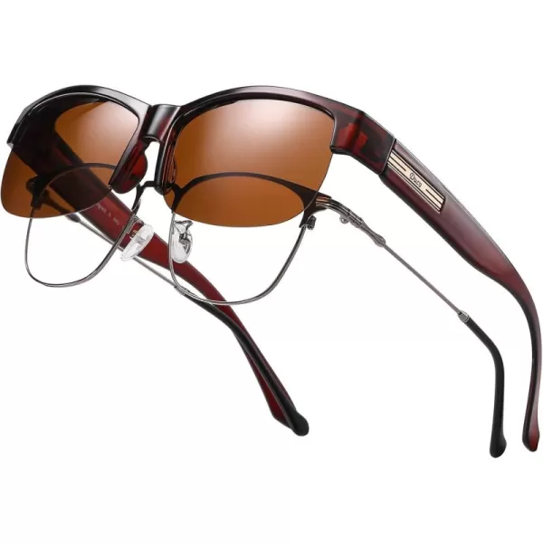 DUCO Fit Over Glasses Unisex Wraparound Glasses Fashion Rimless Wear Over Glasses Polarized Sunglasses for Men and Women 8960Transparent Brown Frame Brown Lens