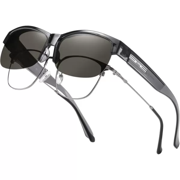 DUCO Fit Over Glasses Unisex Wraparound Glasses Fashion Rimless Wear Over Glasses Polarized Sunglasses for Men and Women 8960Transparent Grey Frame Grey Lens