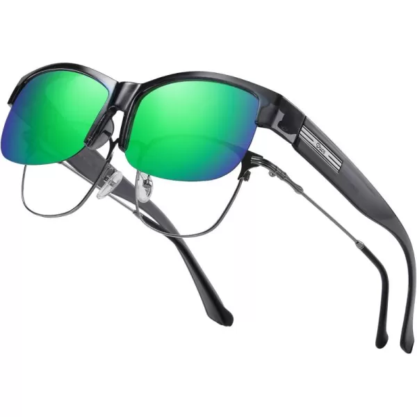 DUCO Fit Over Glasses Unisex Wraparound Glasses Fashion Rimless Wear Over Glasses Polarized Sunglasses for Men and Women 8960Transparent Grey Frame Revo Green Lens