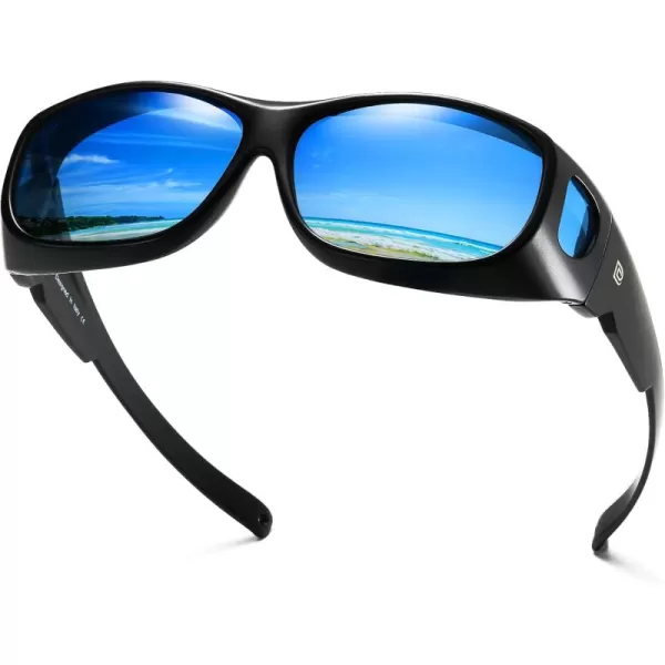 DUCO Fit Over Sunglasses Wraparound Sunglasses for Men Women Polarized Wear Over Sun Glasses UV Protection DC8965Black Frame Blue Lens