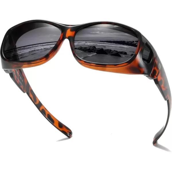 DUCO Fit Over Sunglasses Wraparound Sunglasses for Men Women Polarized Wear Over Sun Glasses UV Protection DC8965Brown Tortoiseshell Frame Grey Lens