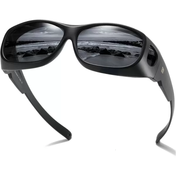 DUCO Fit Over Sunglasses Wraparound Sunglasses for Men Women Polarized Wear Over Sun Glasses UV Protection DC8965Matte Black Frame Grey Lens
